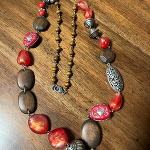 Red and Brown Beaded Necklace and Earrings